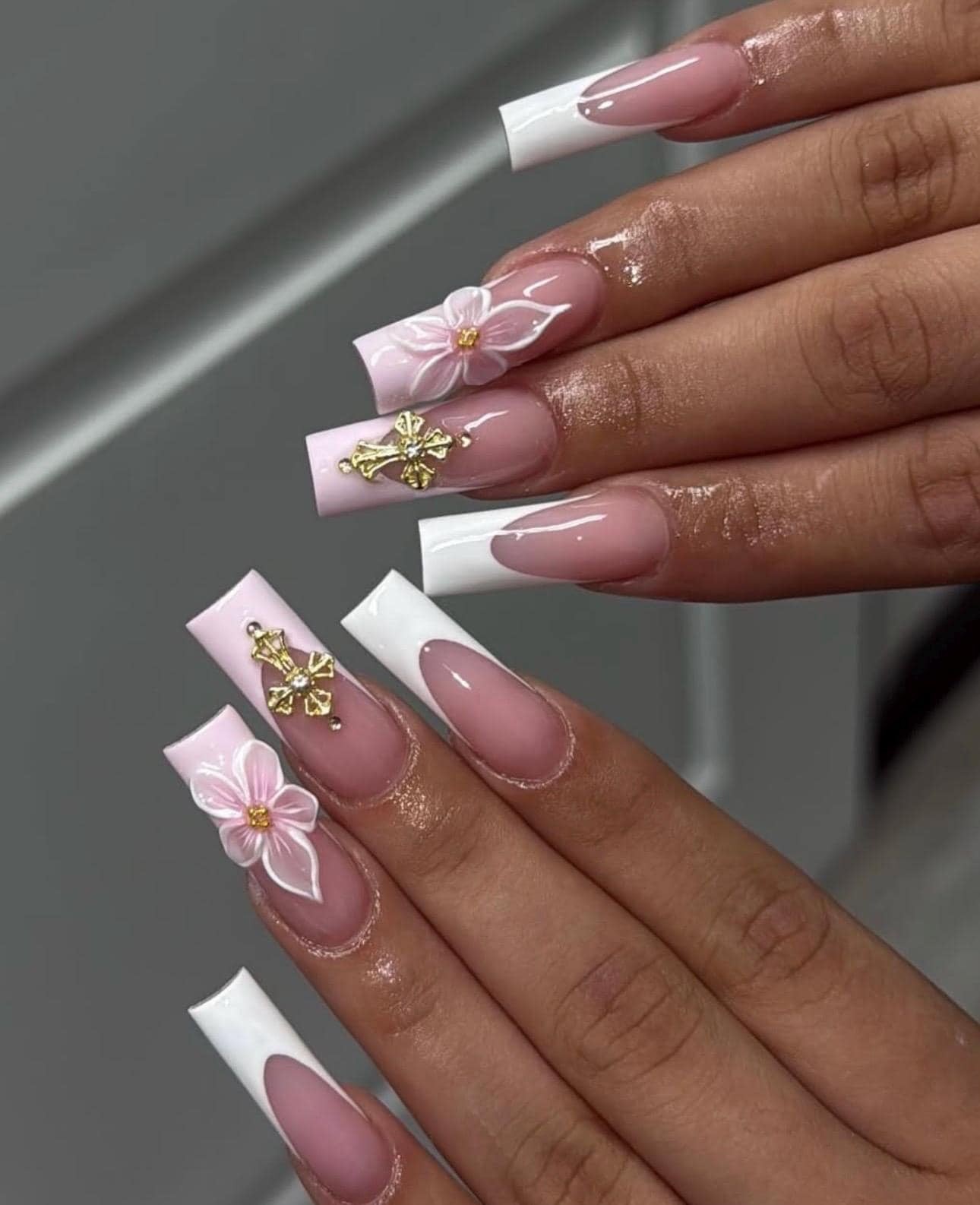 3D Floral Press on Nails: French Tip, Cross Charm, Handmade