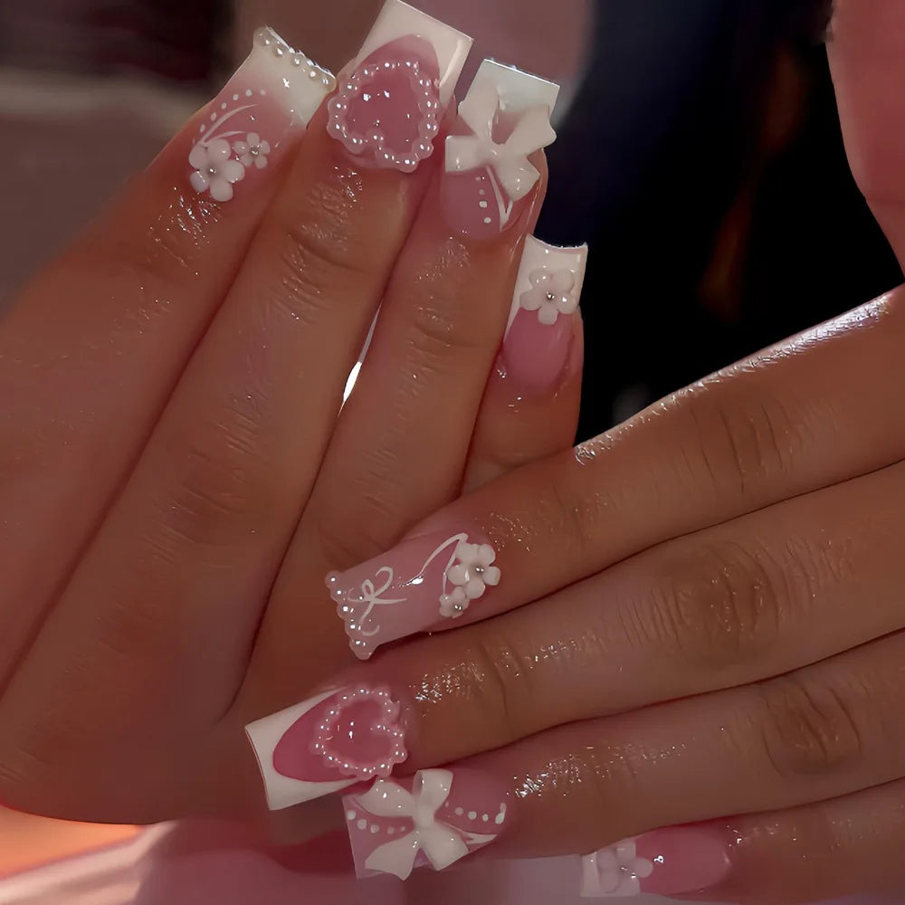 24Pcs French Pink Nails Sets Press on Flower Design Summer Square Fake Nails Tips Spiral Pattern False Nail Mid-Length Manicure