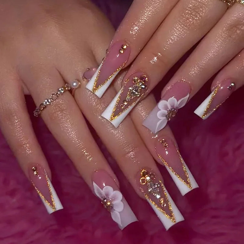 24Pcs Rhinestones Press on Nails Art Datachable Glitter French Acrylic Nails Tip Flower Long Square Fake Nail Pink False Nails