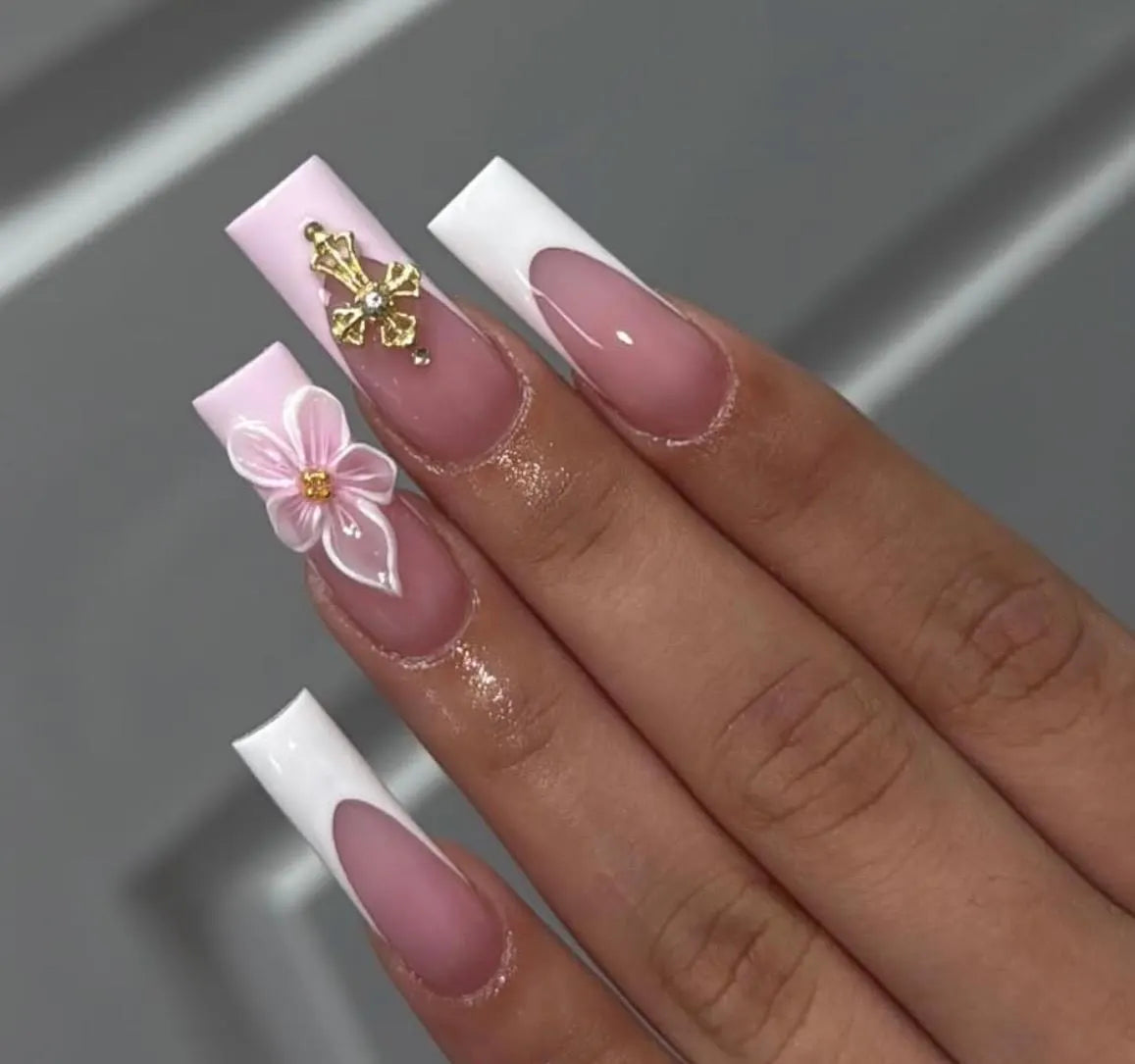 3D Floral Press on Nails: French Tip, Cross Charm, Handmade