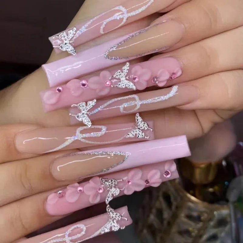 24Pcs Rhinestones Press on Nails Art Datachable Glitter French Acrylic Nails Tip Flower Long Square Fake Nail Pink False Nails