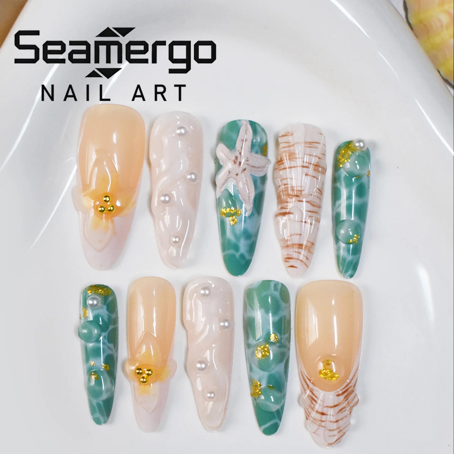 10PCS Beige Press on Nails Stiletto Fake Nails with 3D Starfish Shell Flower Pearl Gold Summer Beach Ocean Nail Art for Women