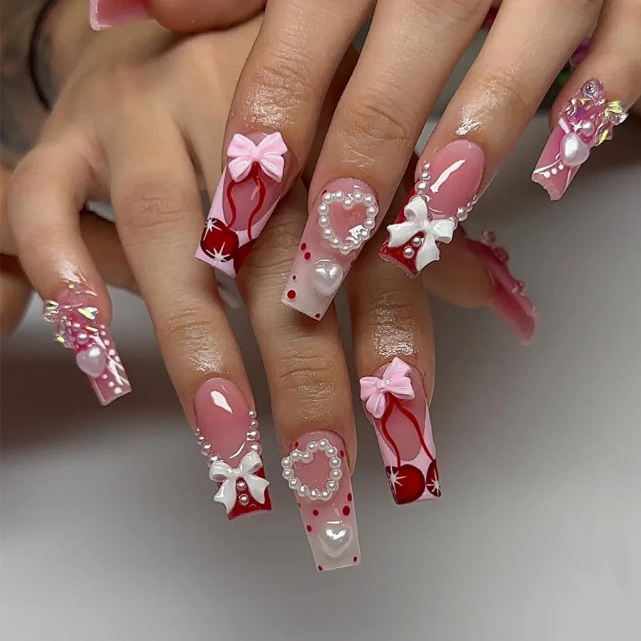 24Pcs French Pink Nails Sets Press on Flower Design Summer Square Fake Nails Tips Spiral Pattern False Nail Mid-Length Manicure