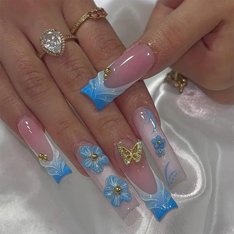 24Pcs Rhinestones Press on Nails Art Datachable Glitter French Acrylic Nails Tip Flower Long Square Fake Nail Pink False Nails