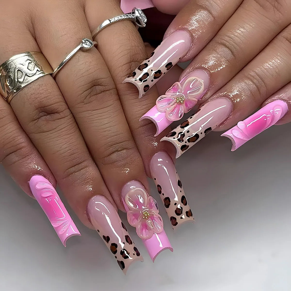 24PCS Y2K Extra Long Square Fake Nail with Abstract Graffiti Pattern Summer Neon Colorful Press on Nails Bold Nail Art for Women