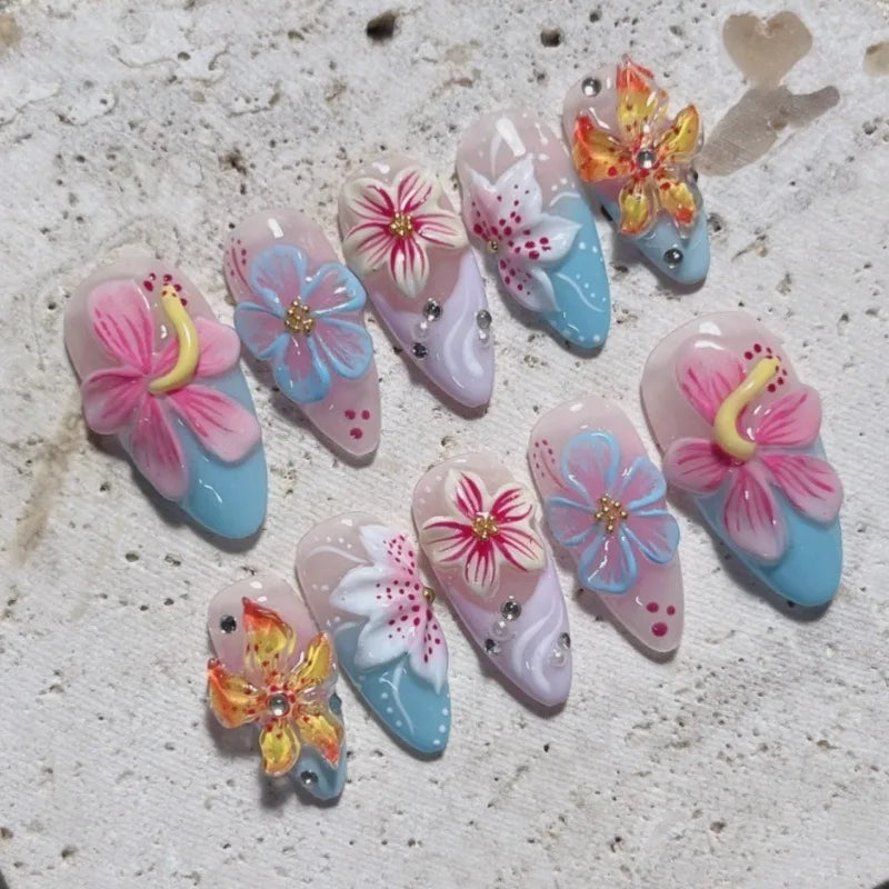 24PCS Almond Press on Nails Summer Pink 3D Flowers Shell Starfish Fake Nails for Women Blue Gradient French Beach False Nails