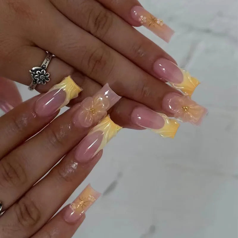 24Pcs Rhinestones Press on Nails Art Datachable Glitter French Acrylic Nails Tip Flower Long Square Fake Nail Pink False Nails