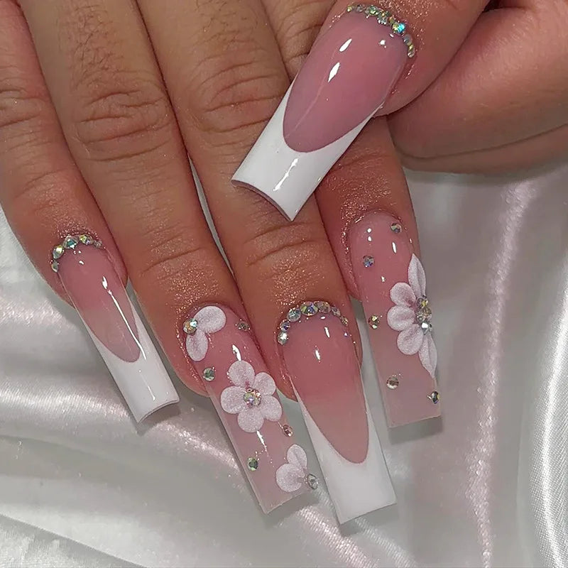 24Pcs Rhinestones Press on Nails Art Datachable Glitter French Acrylic Nails Tip Flower Long Square Fake Nail Pink False Nails