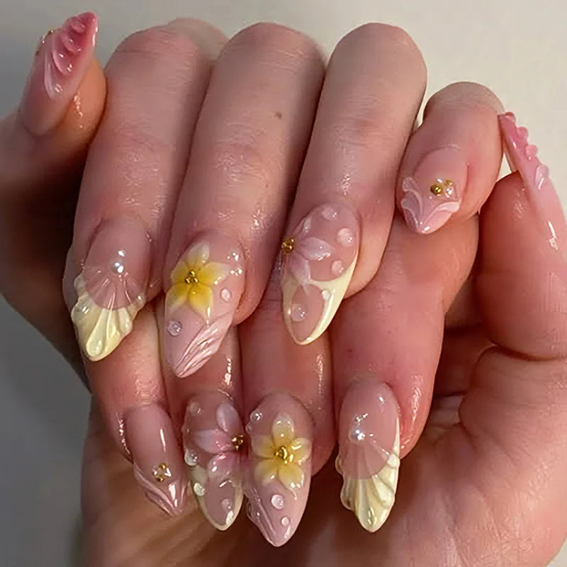 24PCS Summer Orange Pink Gradient 3D Shell Flowers French Fake Nails Sweet Wave Almond Press on Nails Full Cover Wearable Nails