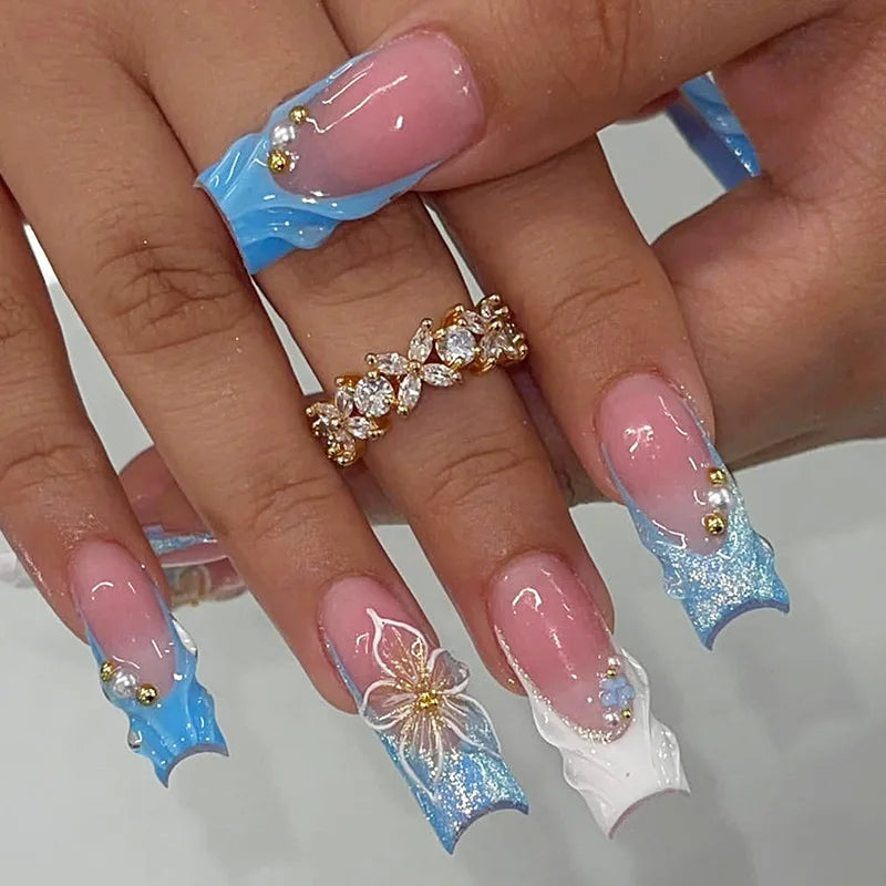 24Pcs Rhinestones Press on Nails Art Datachable Glitter French Acrylic Nails Tip Flower Long Square Fake Nail Pink False Nails