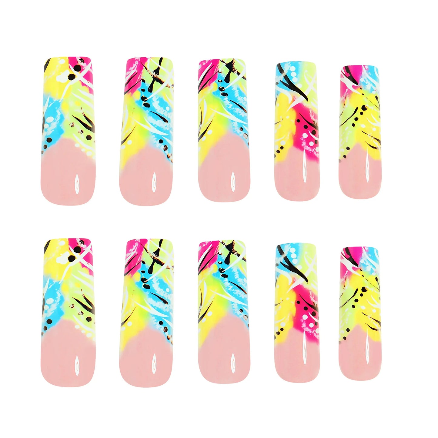 24PCS Y2K Extra Long Square Fake Nail with Abstract Graffiti Pattern Summer Neon Colorful Press on Nails Bold Nail Art for Women