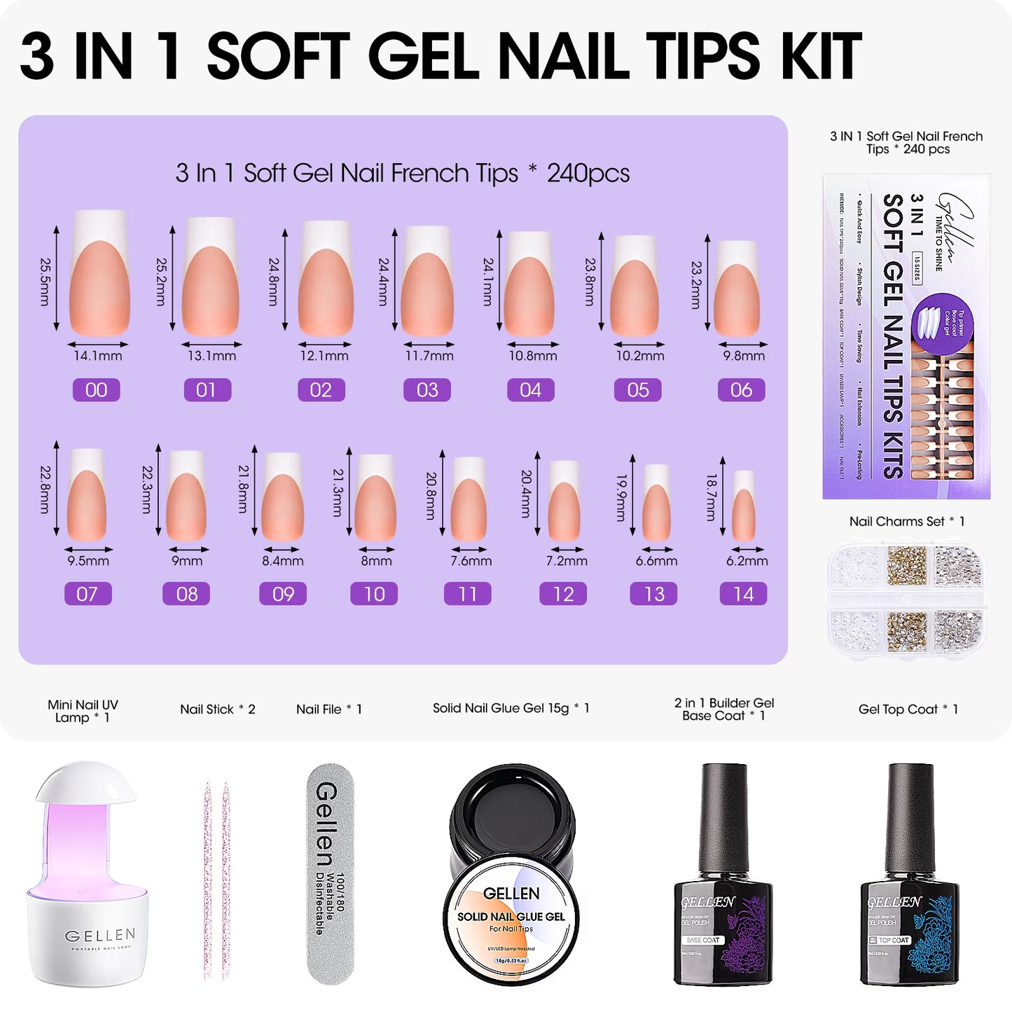 French Tips Gel Nail Kit - 240 Pcs Brown Long Square, Salon Acrylic Fake Nail Kits Including Gel Top Coat and Base Coat, UV Lamp, Solid Nail Glue Gel, Nail Charms for French Tip Manicure
