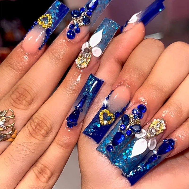 24Pcs Rhinestones Press on Nails Art Datachable Glitter French Acrylic Nails Tip Flower Long Square Fake Nail Pink False Nails