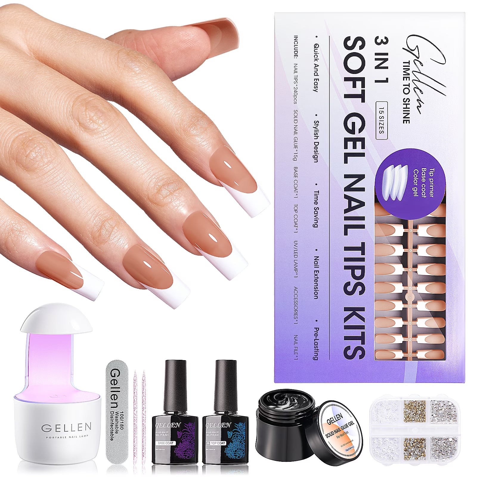 French Tips Gel Nail Kit - 240 Pcs Brown Long Square, Salon Acrylic Fake Nail Kits Including Gel Top Coat and Base Coat, UV Lamp, Solid Nail Glue Gel, Nail Charms for French Tip Manicure
