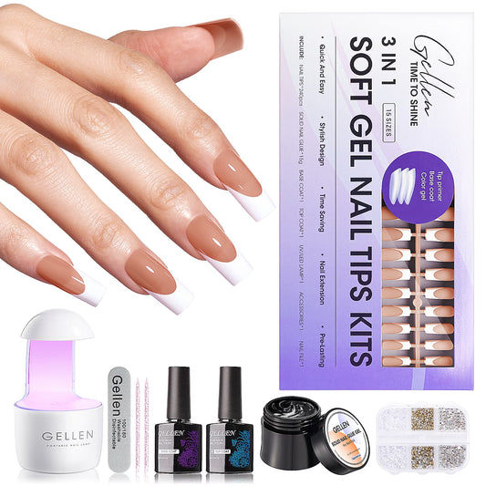 French Tips Gel Nail Kit - 240 Pcs Brown Long Square, Salon Acrylic Fake Nail Kits Including Gel Top Coat and Base Coat, UV Lamp, Solid Nail Glue Gel, Nail Charms for French Tip Manicure