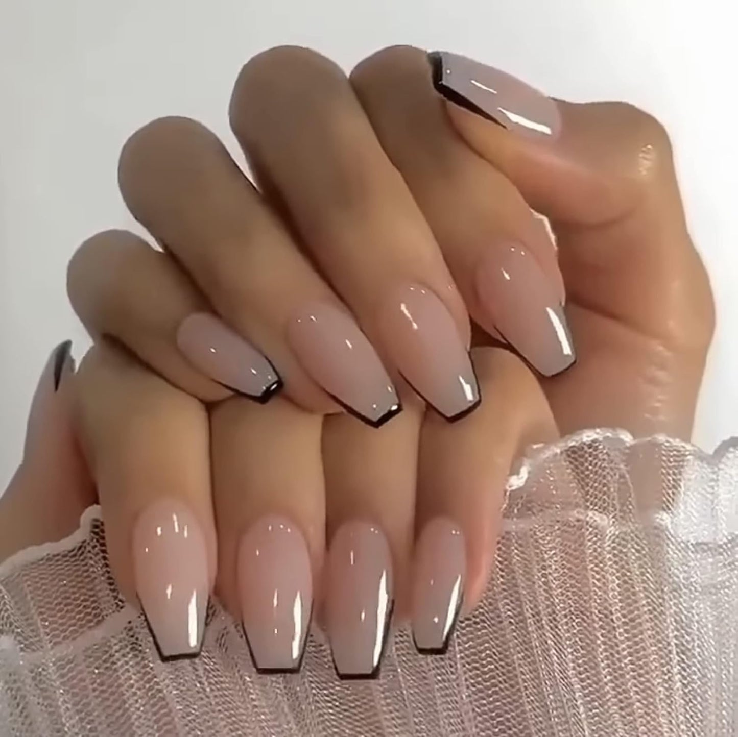 Coffin Press-On Nails Medium - Black French Tip Ballerina Acrylic Nails Natural Glossy Glue-Ons 24Pcs