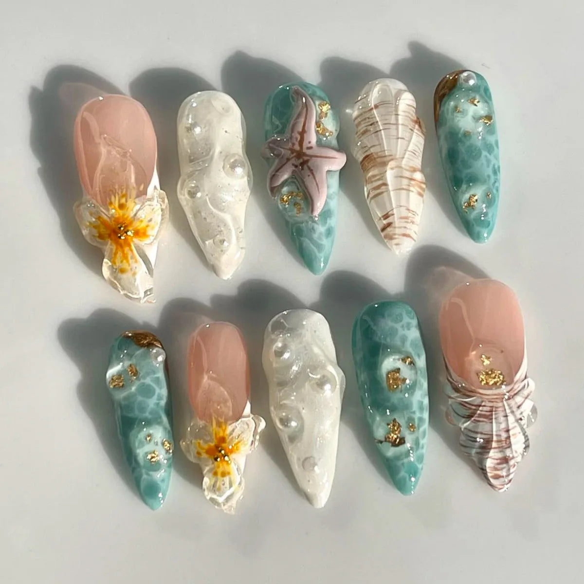 10PCS Beige Press on Nails Stiletto Fake Nails with 3D Starfish Shell Flower Pearl Gold Summer Beach Ocean Nail Art for Women