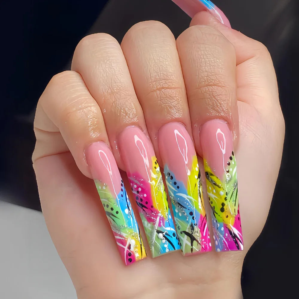 24PCS Y2K Extra Long Square Fake Nail with Abstract Graffiti Pattern Summer Neon Colorful Press on Nails Bold Nail Art for Women