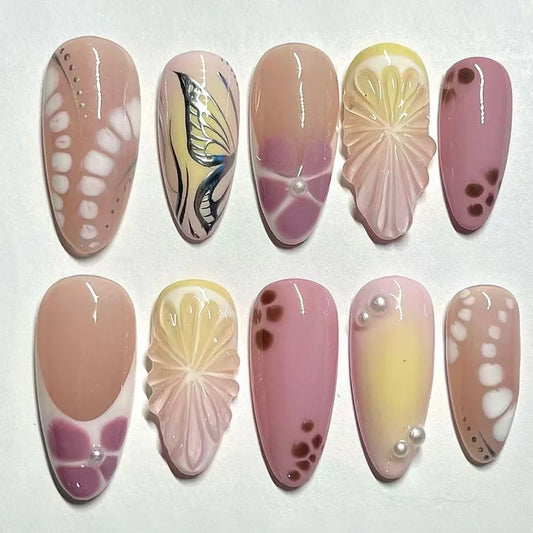 24PCS Almond Press on Nails Summer Pink 3D Flowers Shell Starfish Fake Nails for Women Blue Gradient French Beach False Nails
