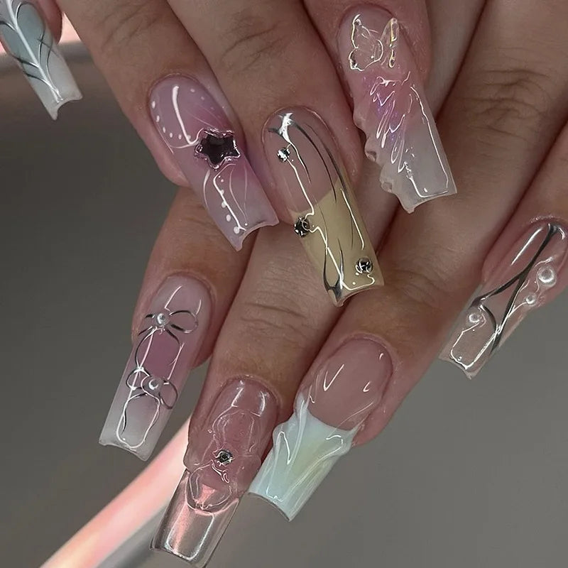 24Pcs French Pink Nails Sets Press on Flower Design Summer Square Fake Nails Tips Spiral Pattern False Nail Mid-Length Manicure