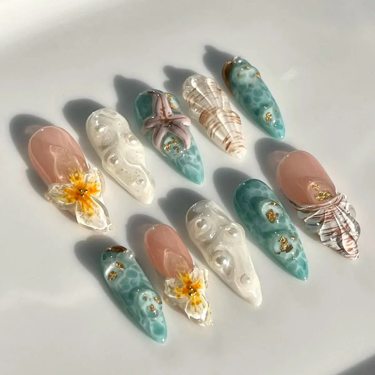 10PCS Beige Press on Nails Stiletto Fake Nails with 3D Starfish Shell Flower Pearl Gold Summer Beach Ocean Nail Art for Women