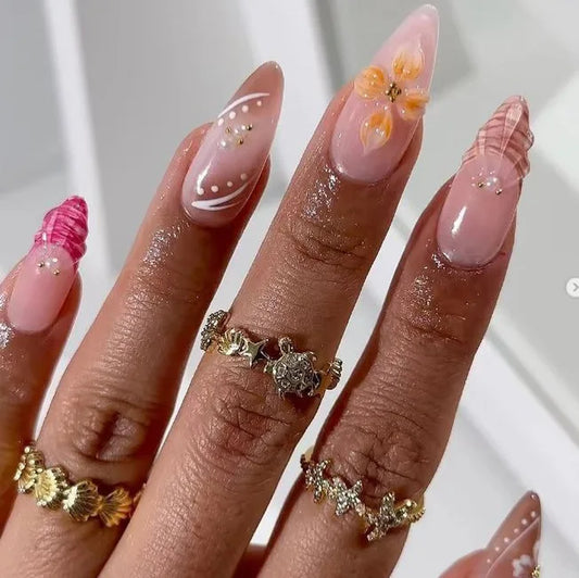 24PCS Summer Orange Pink Gradient 3D Shell Flowers French Fake Nails Sweet Wave Almond Press on Nails Full Cover Wearable Nails