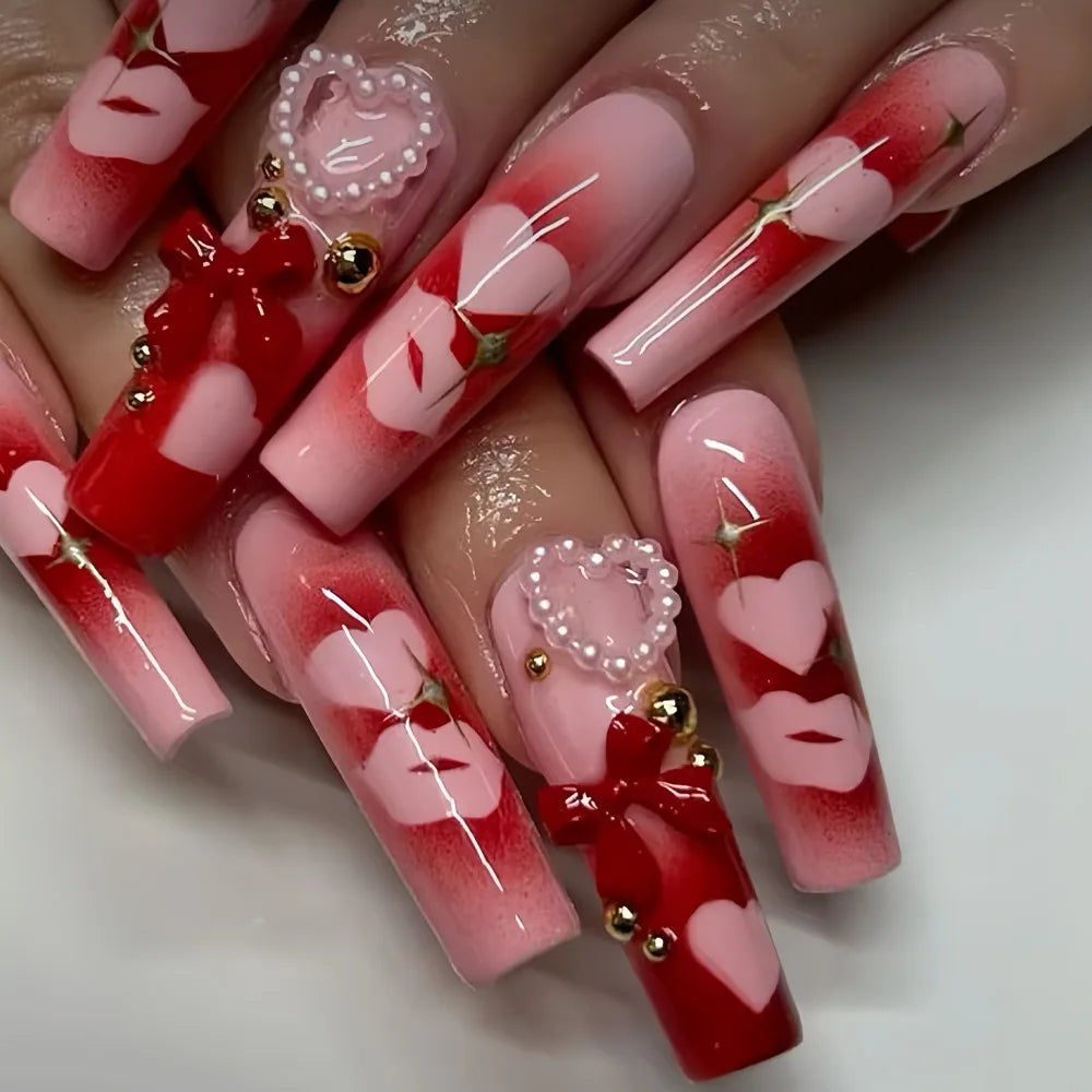 24Pcs Rhinestones Press on Nails Art Datachable Glitter French Acrylic Nails Tip Flower Long Square Fake Nail Pink False Nails