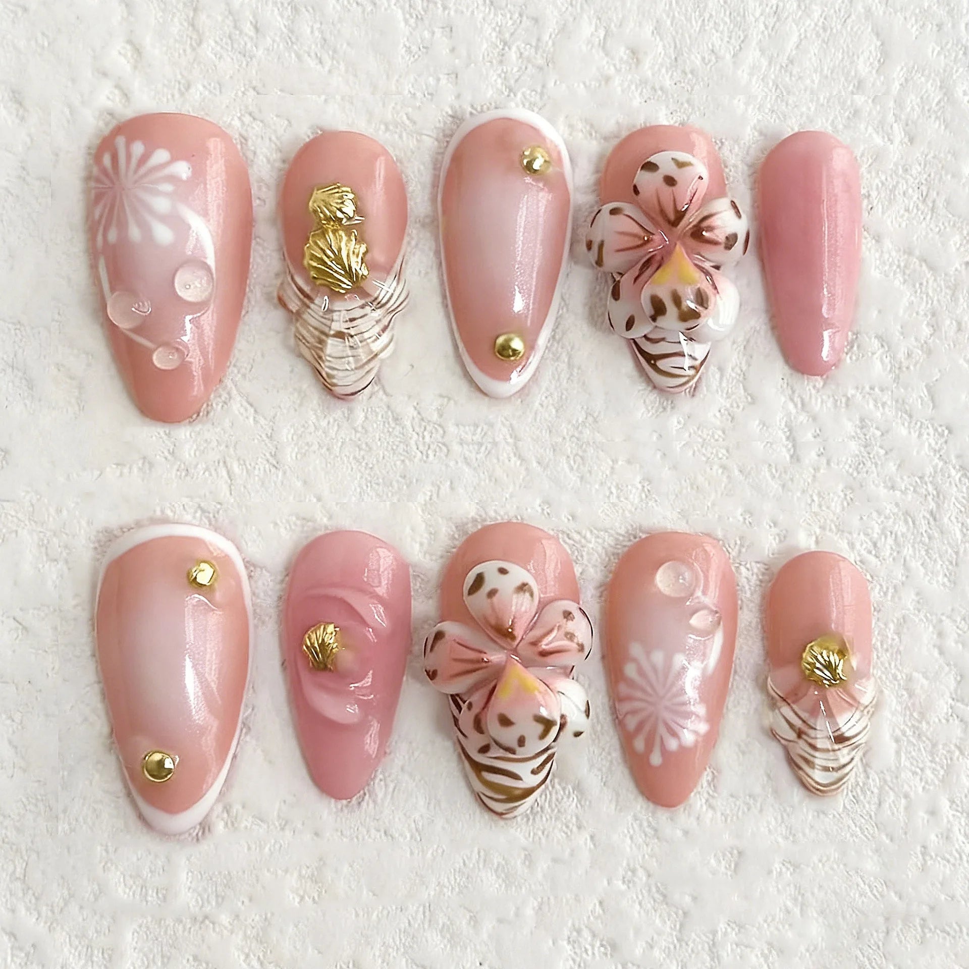 24PCS Summer Orange Pink Gradient 3D Shell Flowers French Fake Nails Sweet Wave Almond Press on Nails Full Cover Wearable Nails