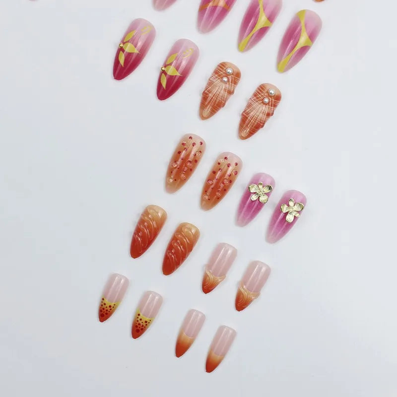 24PCS Summer Orange Pink Gradient 3D Shell Flowers French Fake Nails Sweet Wave Almond Press on Nails Full Cover Wearable Nails