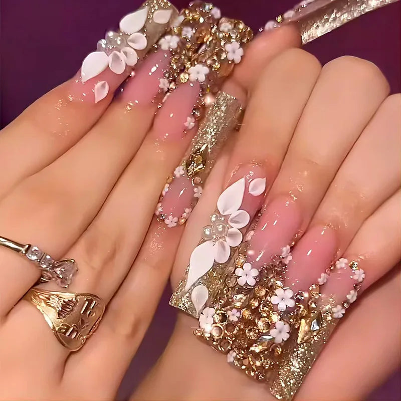 24Pcs Rhinestones Press on Nails Art Datachable Glitter French Acrylic Nails Tip Flower Long Square Fake Nail Pink False Nails