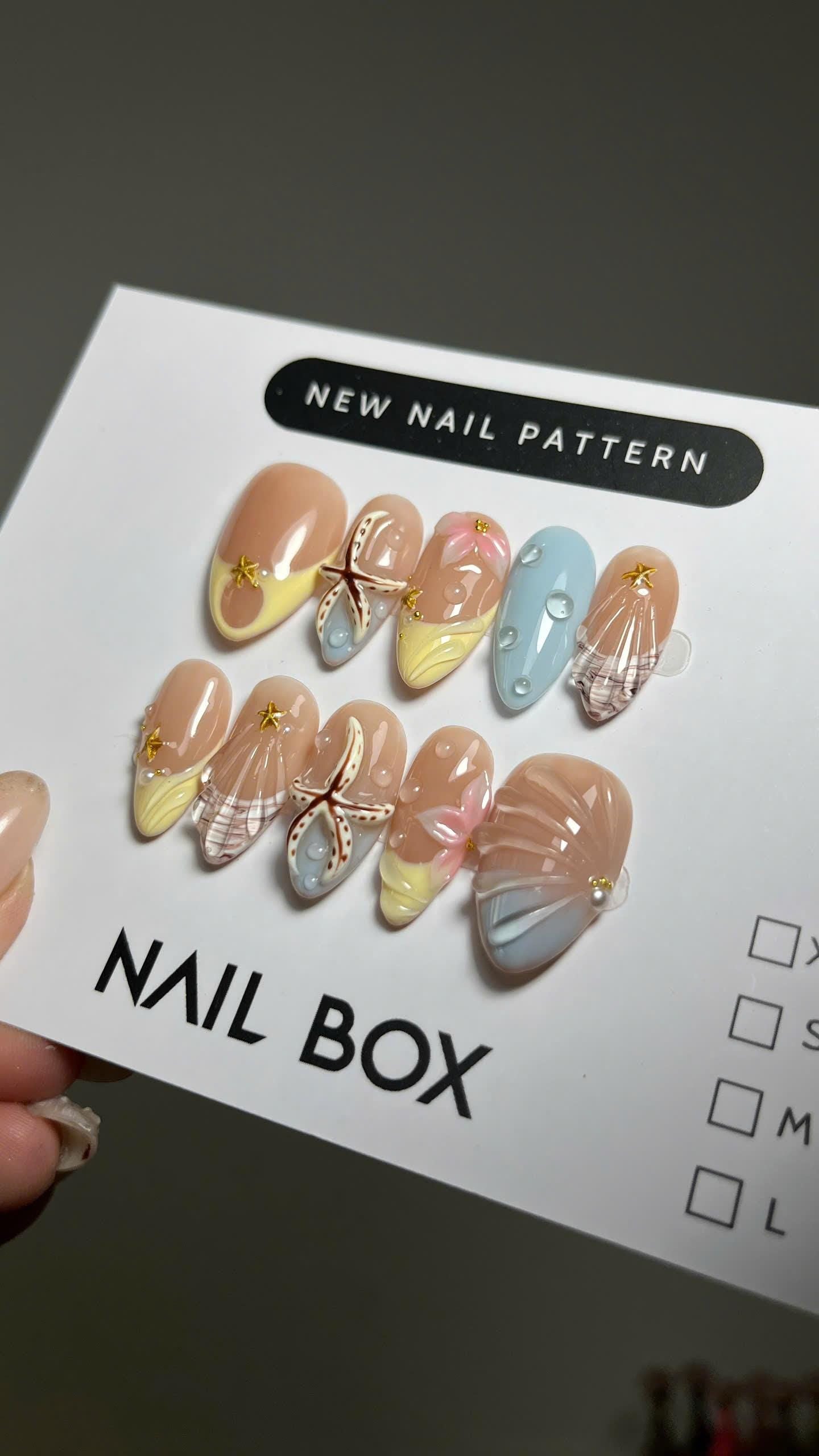 3D Ocean Beach Press on Nails Set, Starfish Shell Summer Nails, Hand Painted Mermaid Seashell Press on Nails, Cute Vacation Nail Art